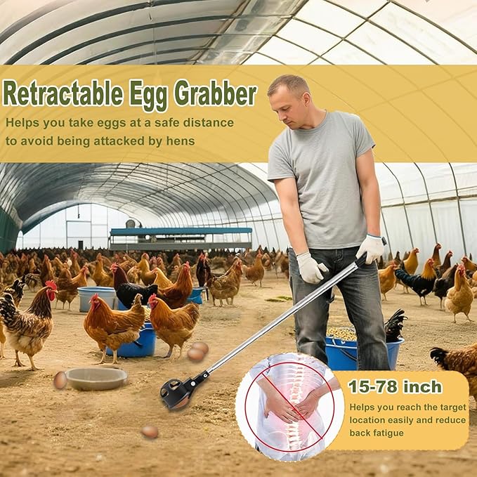 2Pcs Egg Grabber for Chicken Eggs, Extendable Egg Picker Tool with Non-Slip Handle, Stainless Steel Long Grabber Reacher for Coop, Poultry Nest, Farm & Outdoor Egg Collector