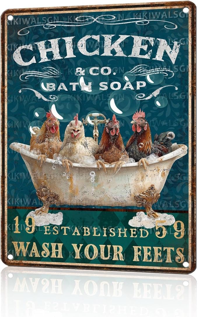 Funny Chicken Bathroom Sign Chicken Coop Metal Decor Wash Your Feets Tin Signs Vintage Wall Art For Home Restroom Washroom Cafe Indoor Kitchen Toilet Farmhouse Bar 16 * 12 In