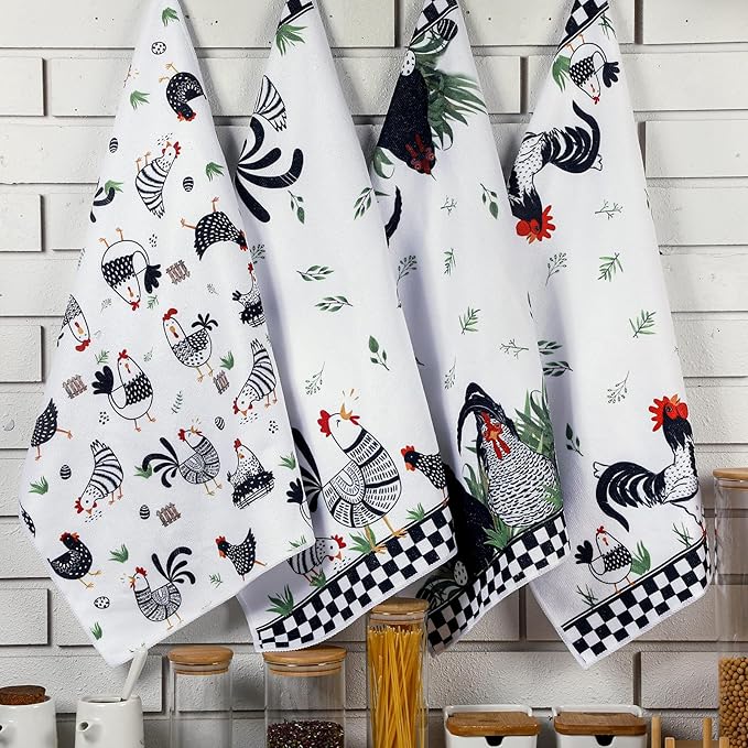 Geyoga 4 Pcs Chicken Kitchen Towels Rooster Dish Hand Towels Farm Animal Cow Vintage Rustic Tea Cloth for Spring Easter Bathroom Farmhouse Decor Gifts, 16 x 24 Inch(Mixed Color,Farmhouse)
