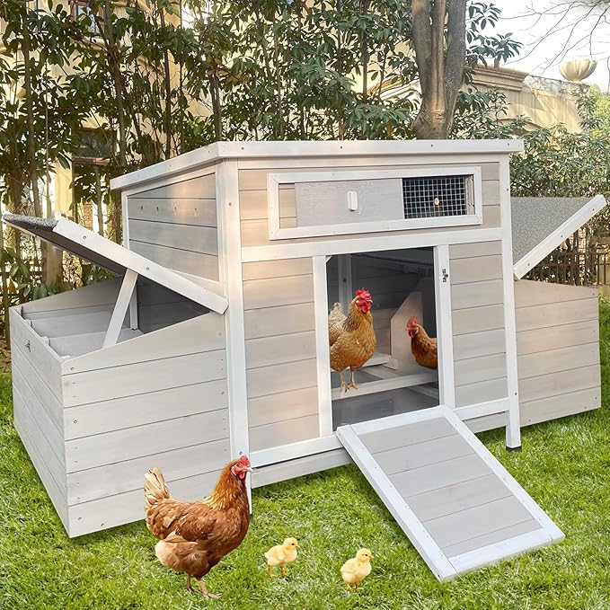 Chicken Coop, 58" Wooden Chicken Coop with 2 Sides Large Nesting Boxes for 4-6 Chickens, Poultry Hutch Rabbit Cage with No-Slip Ramp & Pull-Out Tray for Outdoor Farm Yard (White Grey)