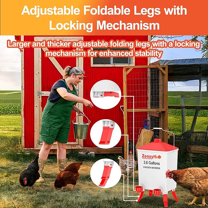 3.6 Gallons Chicken Waterer Bucket with 3 Adjustable Heights, 4 Waterer Cups and Anti Roost Cone