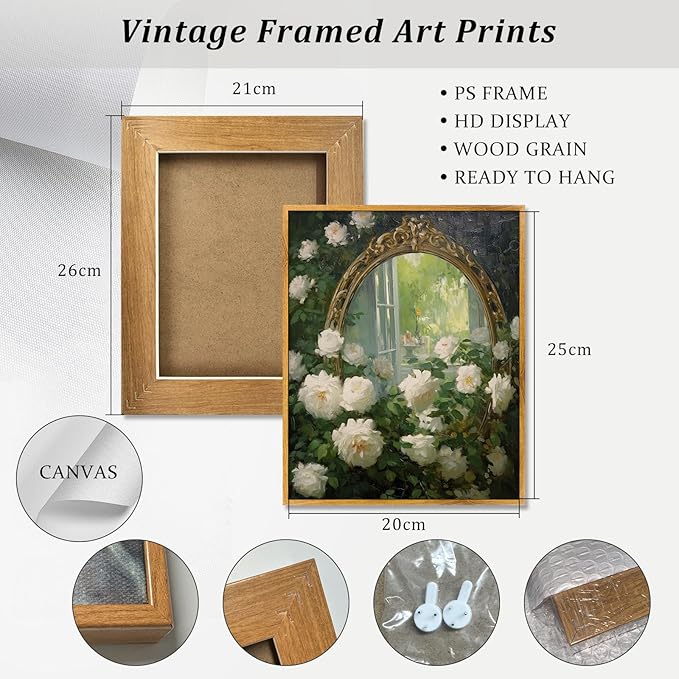 Antique Botanical Prints 8x10 Vintage Floral Wall Art White Rose Painting French Country Pictures Framed Blooming Floral Bouquet Poster Brass Mirror and Flower Poster Victorian Flower Paintings