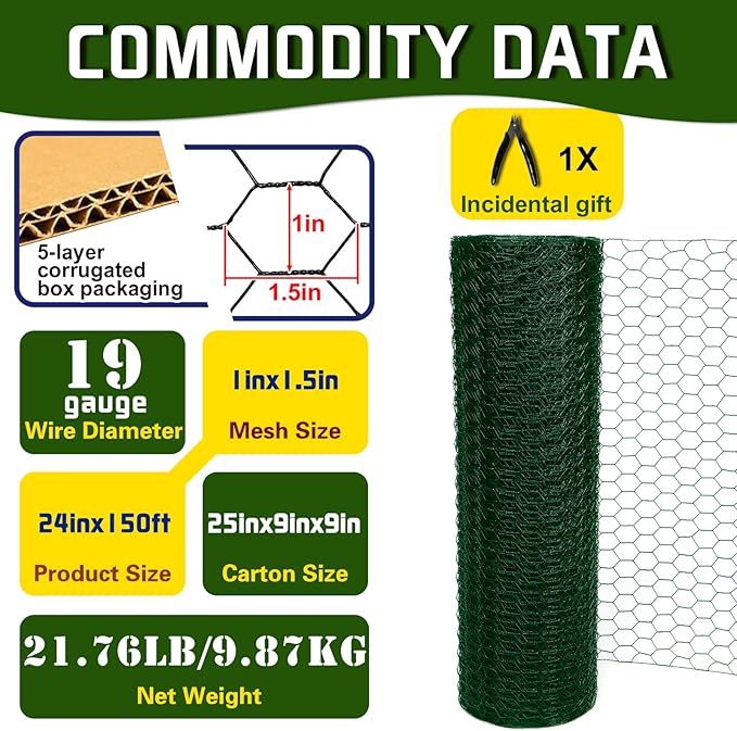Chicken Wire24inx150ft, Premium Chicken Wire Fencing, Chicken Wire Mesh, Green PVC Coated Metal Wire Fence, Galvanized Poultry Netting Barrier for Floral Arrangements/Craft Projects//Rabbit