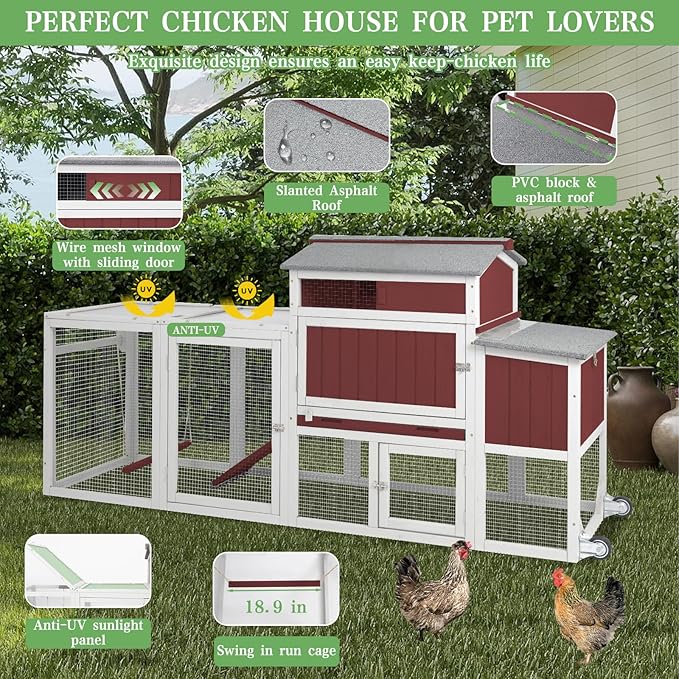 Chicken Coop Mobile Wooden Hen House with Nesting Box,83.2" L Outdoor Chicken House with 2 Wheels and Removable Tray,Fir Wood Chicken Tractor with 6 Ventilation Door and 1 Ramp,Red