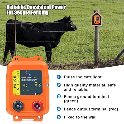2 Mile AC Powered Low Impedance Electric Fence Charger，0.10 Joule Plug-in Electric Fence Energizer，Contain Small Animals, Keep Out Pests and Wildlife Invasion
