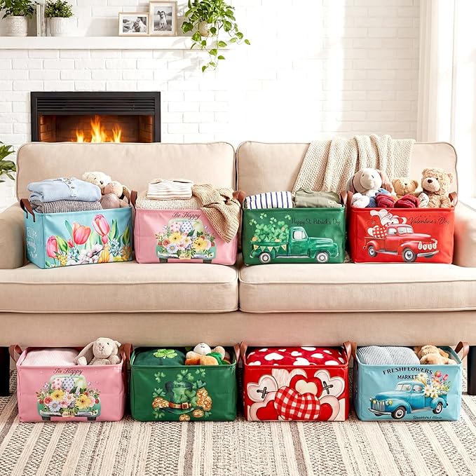 CHENGU 8 Pack Large Easter Gifts Baskets Empty Collapsible Holiday Storage Bin St Patricks Day Valentines Canvas Laundry Basket Foldable Box with Handle for Home Office Bedroom Clothes Toys