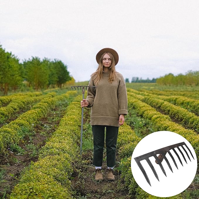 TEHAUX Dark Grey 9-Tine Agricultural Rake for Soil Loosening and Grass Gathering, Farm and Garden Hand Tool for Planting and Soil Preparation