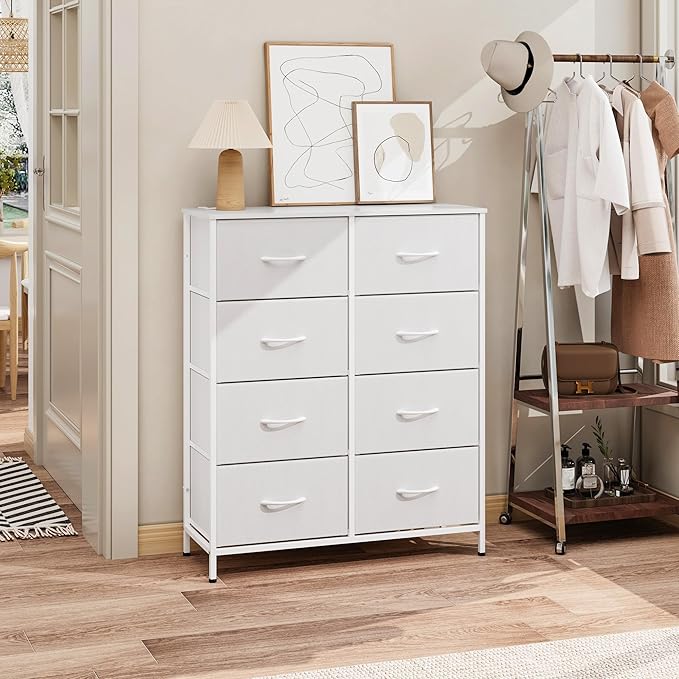 WelFurGeer 8 Drawer Fabric Dresser with Sturdy Metal Frame, Tall Dresser with Fabric Bins, Storage Chest of Drawers for Bedroom, Closet, Kids Room Organization, White