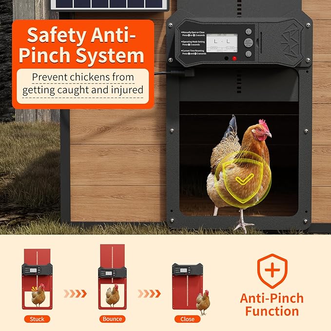 Automatic Chicken Coop Door, LCD Display Aluminum Alloy Automatic Chicken Door with Timer & Light Sensor, Anti-Pinch & Weather Proof, Solar or Battery Powered