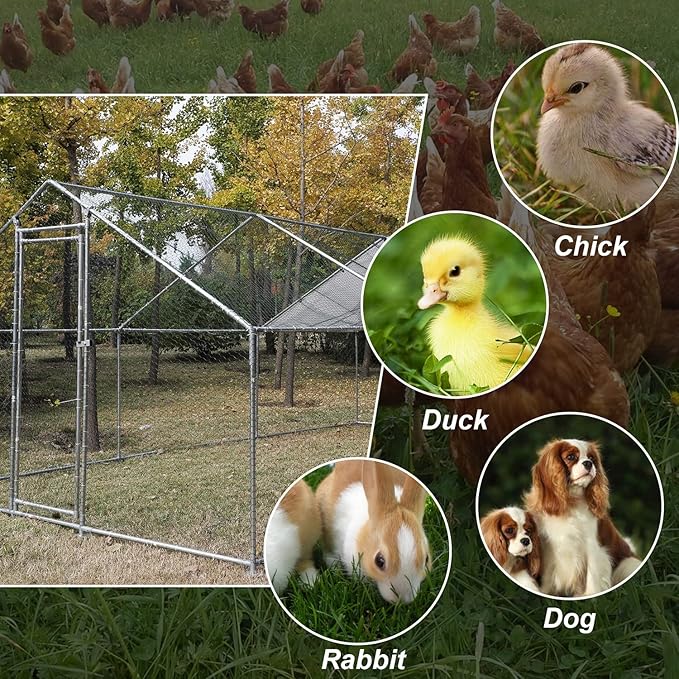 IchbinGo Large Metal Chicken Coop with Waterproof Cover, Walk-in Metal Poultry Cage Spire Shaped Coop, Chicken Run Duck House with Anti-UV Cover for Outdoor Backyard Farm (10' L x 6.6' W x 6.56' H)