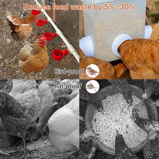 28 Accessories Complete Set Pipeline Automatic DIY Chicken Waterer Feeder System,with Chicken Water Cups, Poultry Feeder,Ports Hole Saw,PVC Pipeline,Float Valve and Garden Hose,Glue,Tape.