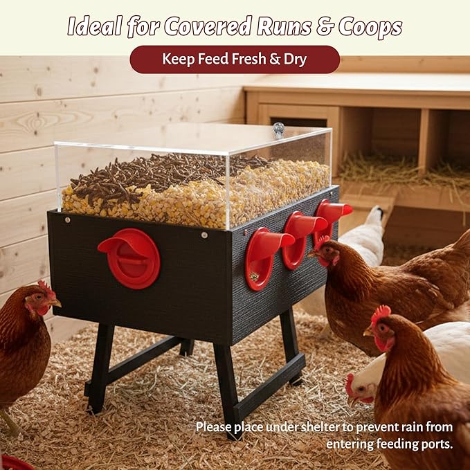 KOL No-Waste Chicken Feeder, 22LB Poultry Feeder with 6 Anti-Spill Ports, Clear-View HIPS & Acrylic Design, Foldable Stand for Hens and Chicks – Automatic Gravity-Flow Feeder