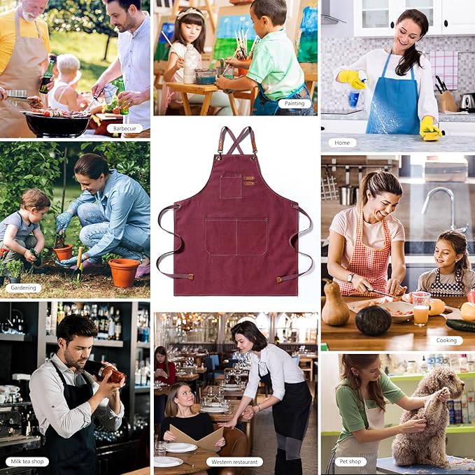 Unisex Aprons with Large Pockets,Cotton Canvas Cross Back Heavy Duty Adjustable Work Apron,Size Kids to Adult