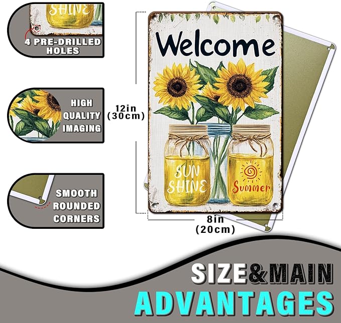 Summer Welcome Sign Wall Art Decor Welcome Floral Ornaments Iron Plaque Sign for Club Bar Garage Wall Decor 8x12inch