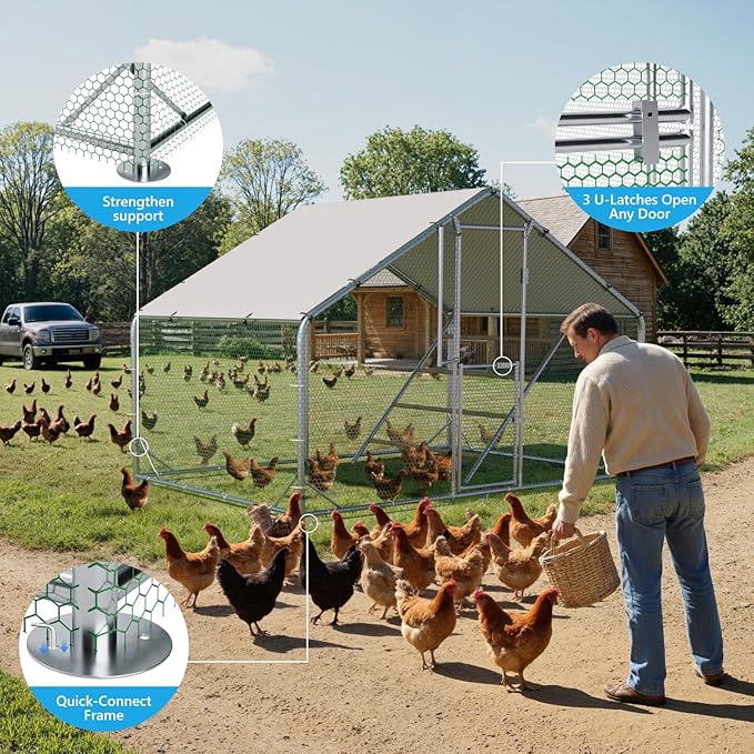 Large Metal Chicken Coop, Chicken Runs for Yard with Cover, Walk-in Chicken Run, Outdoor Chicken Pen, Heavy-Duty Galvanized Frame with Roosting Ladder,10x6.5x6.5FT