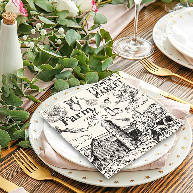 50Pcs Milk Farm Paper Napkins Cow House Disposable Luncheon Napkins Vintage Dinner Hand Napkin for Farmhouse Home Party Supplies Table Decor