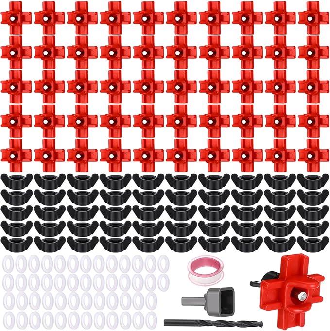 LemonRoad 50 Pack Horizontal Chicken Nipples Horizontal Poultry Automatic Waterer Nipples Chicken Water Feeder with 50 Pcs Ring Gaskets, 50 Pcs Wing Nuts and Drill Bit for Bucket Ducks Quail(Red)