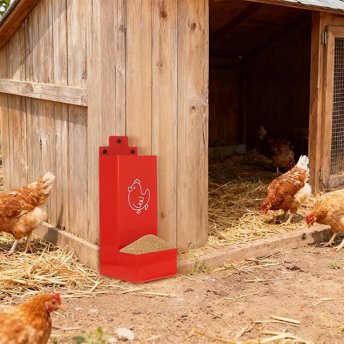 Automatic Chicken Grit Feeder Metal Hanging Poultry Feeder with Anti-Waste Design for Hens and Chicks Easy to Install Clean Outdoor Indoor Coop Accessories Small Farm Ranch Backyard Use (Red)