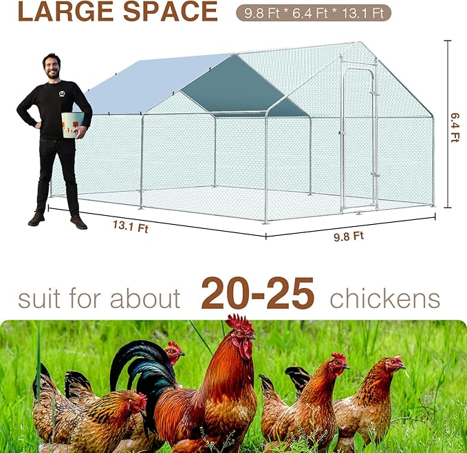 Metal Large Chicken Coop for 20-25 Chickens, Portable, Walk-in Chicken Run, Chicken Pen Outdoor W/Cover, Waterproof & Anti-UV, 13.1' D x 9.8' W x 6.4' H, Wire Mesh Poultry Cage for Yard