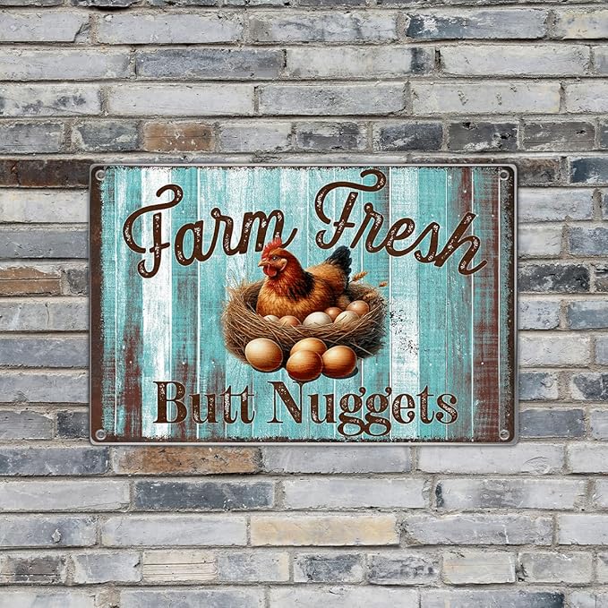 Farm Fresh Butt Nuggets Metal Sign Rustic Chicken Coop Decor Farmhouse Kitchen Wall Decoration For Home Vintage Style 12 x 8 Inch Art Metal