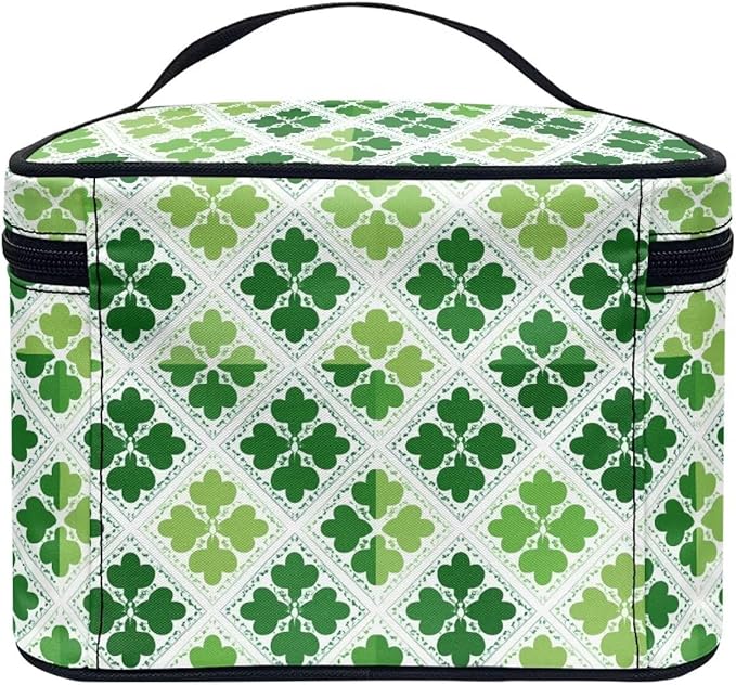 Travel Makeup Bags for Women Portable Tote Cosmetic Case with Carry Handle Toiletry Accessories Storage Organizer Bags for St. Ptrick's Day, Shamrock Grids Green