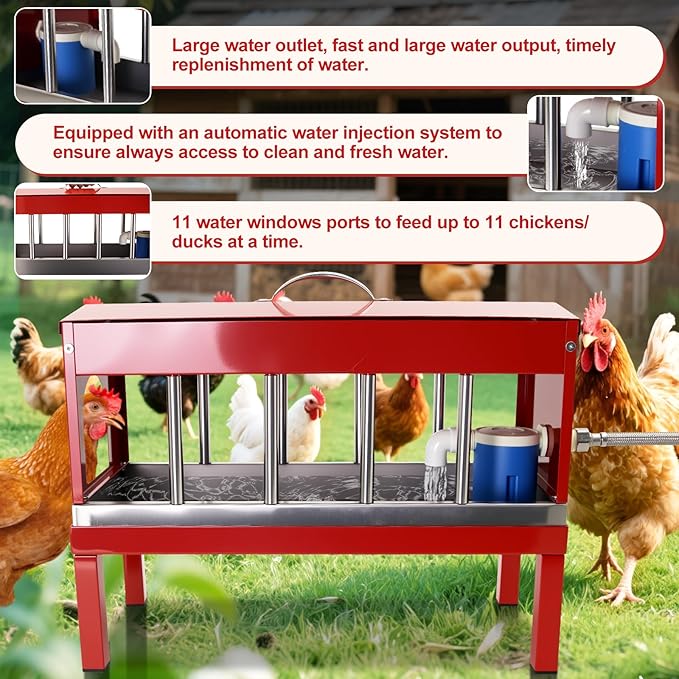 Automatic Chicken Waterer 11 Windows Stainless Steel Detachable with Bracket Large Metal， Chicken Water Feeder Dispenser for Poultry Duck,Goose,Chicken with Float Valve Kit,Hose