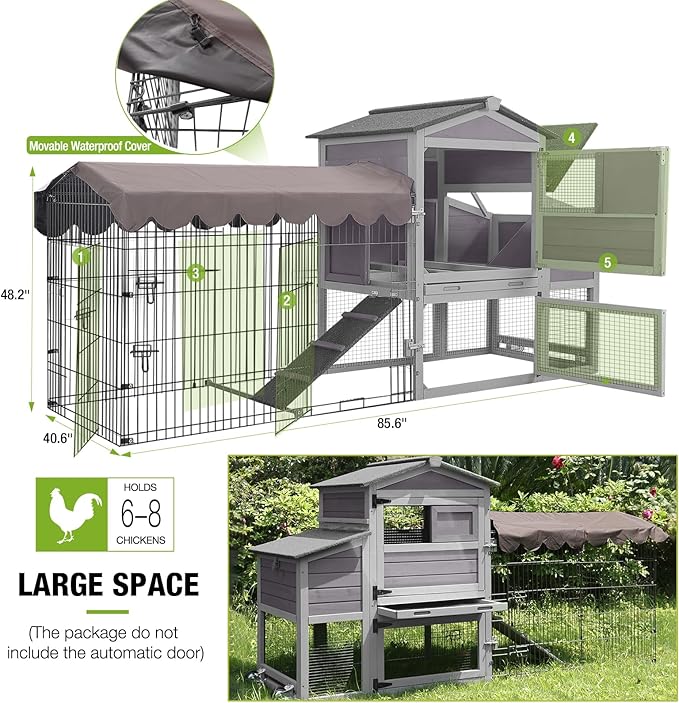 79" Mobile Chicken Coop with Nesting Box and Wheels, Outdoor Wooden Hen House for 2-4 Chickens, Large Poultry Cage with Metal Run, Waterproof Cover and 6 Access Doors