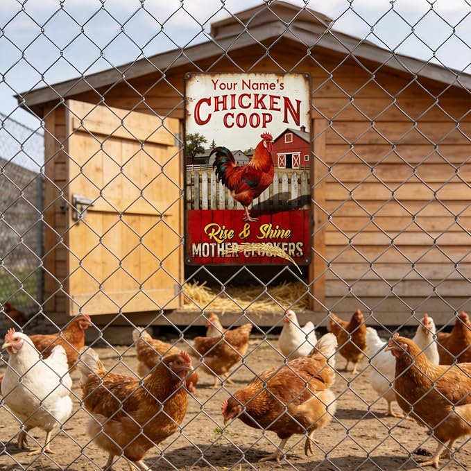 Custom Chicken Coop Sign Personalized Name Rise and Shine Funny Metal Tin Plaque Vintage Farm Decor Rooster Barn Wall Accessory