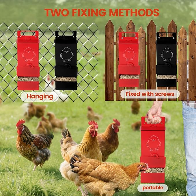 2Pcs Chicken Grit Feeder,Chicken Oyster Shell Feeder Weatherproof Heavy-duty,Feed-Level Indicator with a Top Lid and a Bottom Cap,Hanging Chicken Coop Accessories, Metal Automatic Chicken Feeder，