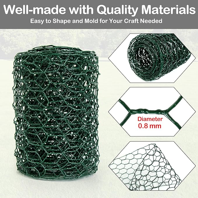 Chicken Wire 4in x 118in with a Pair of Gloves，1 Wire Cutter，50 Pcs Cable Zip Ties, Floral Chicken Wire Mesh 0.8mm Hexagonal Galvanized PVC Coated Garden Netting Fence for Craft Poultry Garden