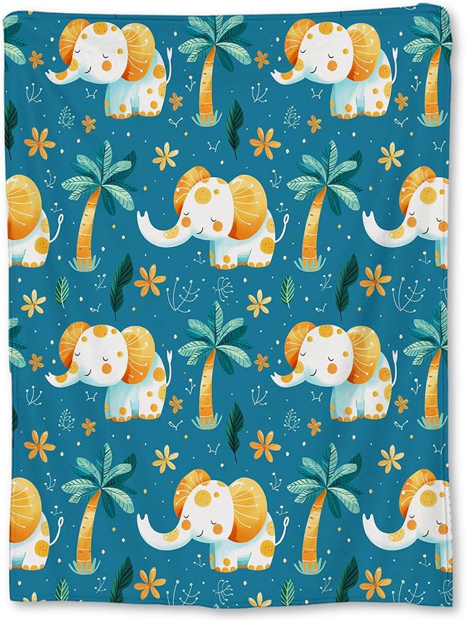 Adorable Elephant and Palm Tree Blanket, Soft Flannel Throw for Couch, Bed, Travel, Living Room & Home Decor, Cozy Lightweight Warm Fluffy Fuzzy Blankets for Adults Kids Women 80×60 in