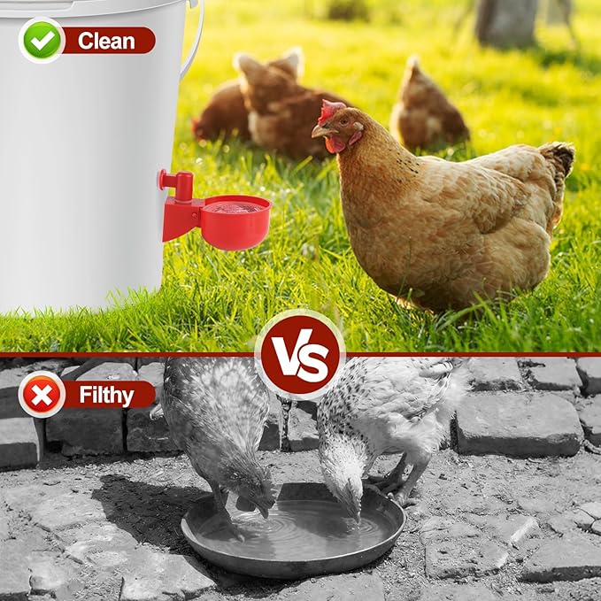 Kalolary Automatic Chicken Waterer Cups, 12 Packs Tee Fittings Poultry Drinking Cups for Chick, Bunny, Goose,Duck,Turkey,Professional Poultry Water Container Come with Hole Open Drill Bit (Red)