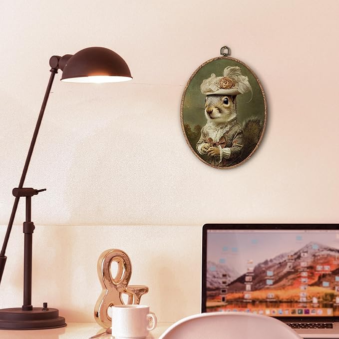 Hxlac Vintage Whimsical Squirrel Oval Wall Art Framed, Renaissance Style Squirrel Oval Wall Decor, Moody Animal Canvas Prints Wall Sculptures for Home Bedroom Living Room Gallery Decor, 8.5x11.5 Inch