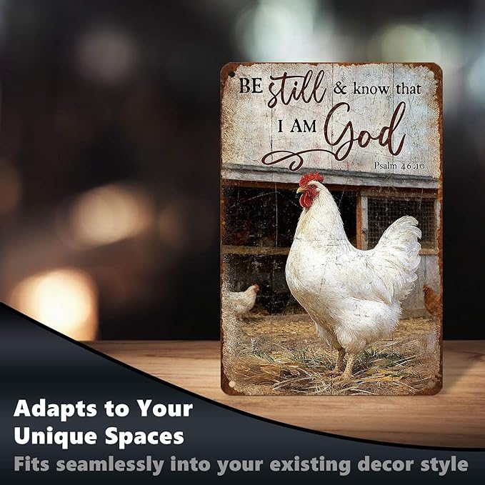 Chicken Signs Rooster Kitchen Decor Be Still And Know That I Am God Tin Signs Vintage Coop Metal Decor Rustic Wall Art For Home Farmhouse Farm Room Poultry House Outdoor Yard Cafe 12 * 8 In