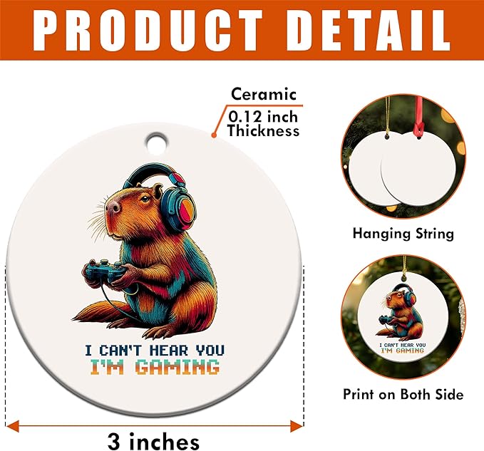 Gamer Ornament 2025 - Gaming Ornaments for Christmas Tree - Capybara Video Game Gifts for Gamers, Men, Teens, Kids - I Can't Hear You I'm Gaming Video Game Controller Ceramic Ornament