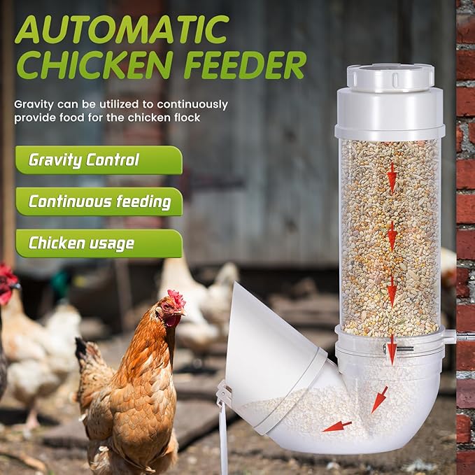 Automatic Chicken Feeder No Waste,6lb Capacity Large PVC Poultry Gravity Feeder with Lid and Visual Tube,Poultry Hanging Chicken Coop Feeder Port for Quails,Ducks,Turkeys,Geese