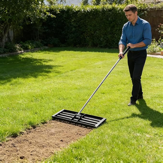 Lawn Leveling Rake 17"×10", Stainless Steel Landscaping Tool with 8ft Adjustable Handle, Effort-Saving with 2 Rollers, Foldable Leveler Rake for Yard, Topsoil, Farm, Backyard, Black