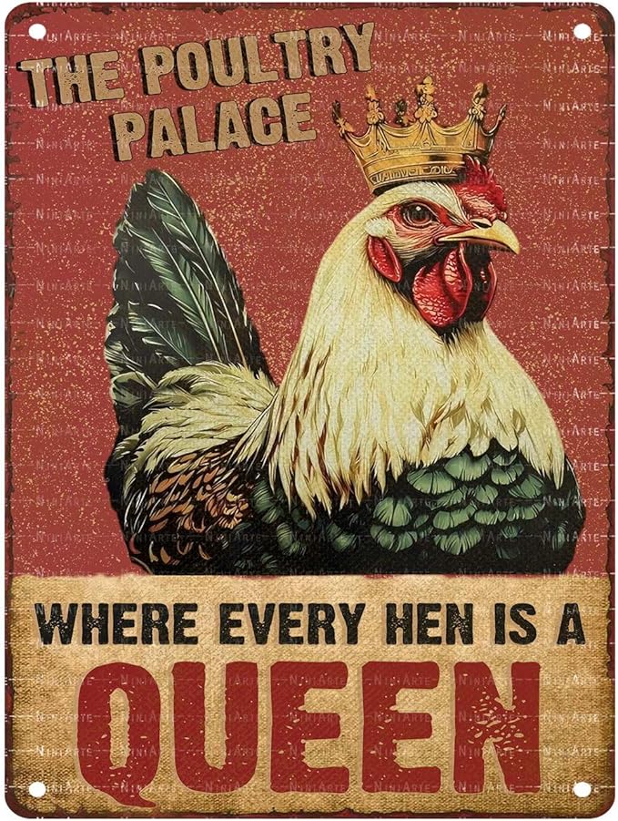 Funny Chicken Metal Tin Sign Where Every Hen Is A Queen Vintage Sign for Wall Art Decor for Home Farm Chicken Coop Farmhouse Kitchen Garden Decor 12X16Inch