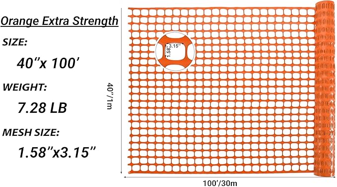 PotatoLife Plastic Mesh Fence, Extra Strength 40''x100' Roll with 50 Zip Ties, Resuable Temporary Netting for Garden Fencing, Snow Fencing, Animal Barrier, Poultry, Deer, Dog, Construction, Orange
