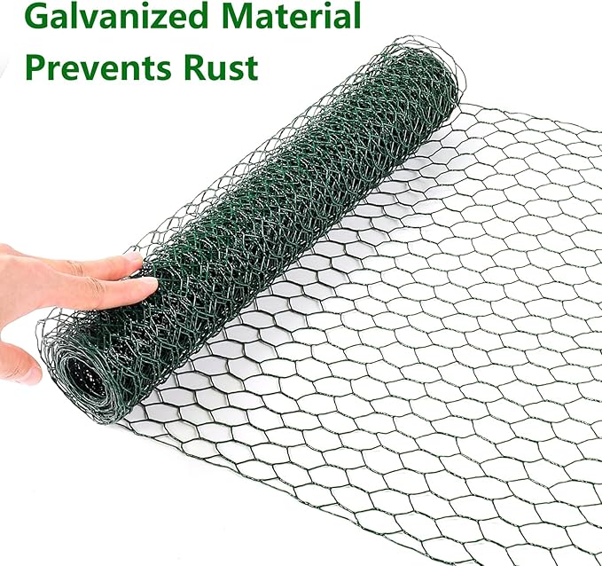 Aboofx Chicken Wire for Floral Arrangements 157.5 x 13.8 Inch Green Mesh Chicken Wire with 20 Zip Ties and 1 Pair of Glove Hexagonal Galvanized PVC Coated Netting Fence for Crafs Poultry Garden