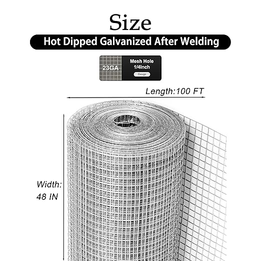 Hardware Cloth 1/4 inch 48Inx100Ft Galvanized After Welding 23 Gauge,Wire Cloth Mesh Roll Chicken Wire Fence Roll for Chicken Pen/Coop Fences, Garden Fences/Fencing,Screen Mesh,Poultry Netting Cage