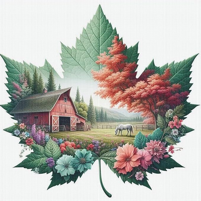 Maple Leaf Farm Stamped Cross Stitch Kits for Adults Beginners - 45x45cm 11CT Pre-Printed Embroidery Needlepoint Starter Kit, DIY Craft Perfect for Fall Decor Thanksgiving Christmas Gift