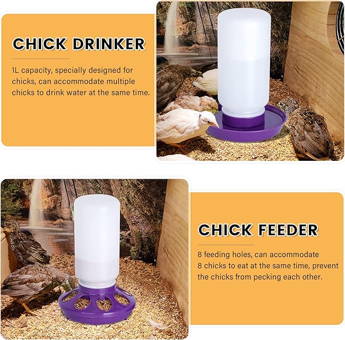 Chick Feeder and Waterer Set no Waste Chicken Water Dispenser 1L Chicken Water Feeder Poultry Waterer Baby Chick Duckling Supplies Starter Kit (Purple)