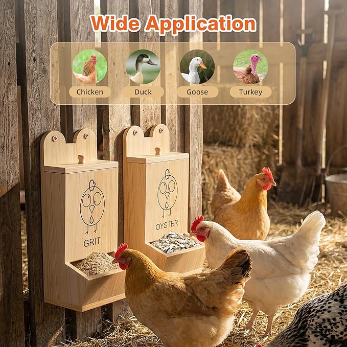 2Pack Chicken Grit Feeder, Wooden Oyster Shell with Magnetic Lid and Drain Holes, Hanging Gravity Chicken Grit Feeder, Coop Accessories for Hens and Chicks