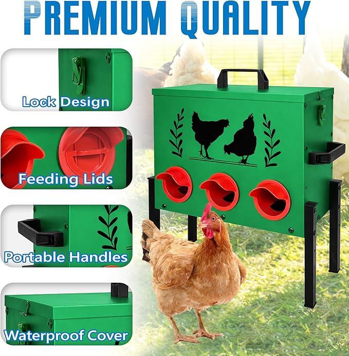 Chicken Feeders, 30 lb Capacity 6 Port Automatic Chicken Feeder, Metal Chick Feeders with Locking Lid and Legs, Chicken Feeder for Chickens, Ducks, Geese, Green