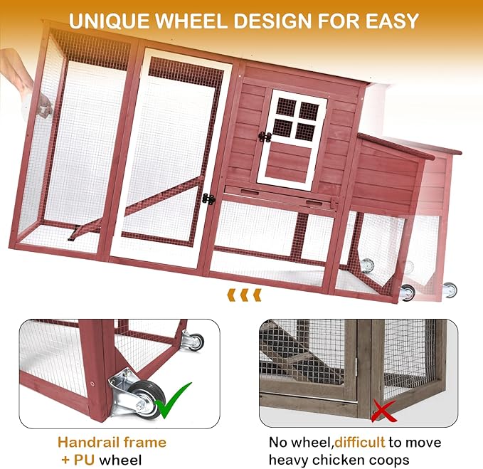 Chicken Coop Solid Wood with Large Run Cage 2 Stories - Asphalt Roof, Nest Box, Pu Wheels, Pole Chicken Perch