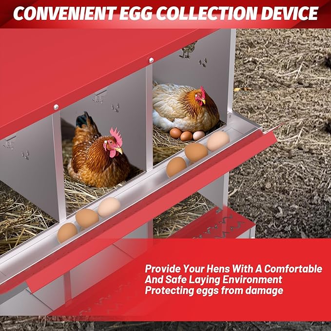 Chicken Nesting Boxes, 6-Compartment Metal Egg Laying Box with Swing Perch and Secure Lid – Versatile Wall Mount or Free Standing Suitable for Various Chicken Breeds -red