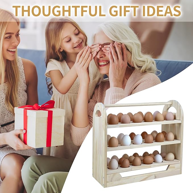 Wooden Egg Holder Countertop with Handle 3-tire Wooden Egg Tray Holds 54 Eggs Detachable Egg Storage Rack for Kitchen Farmhouse Decor