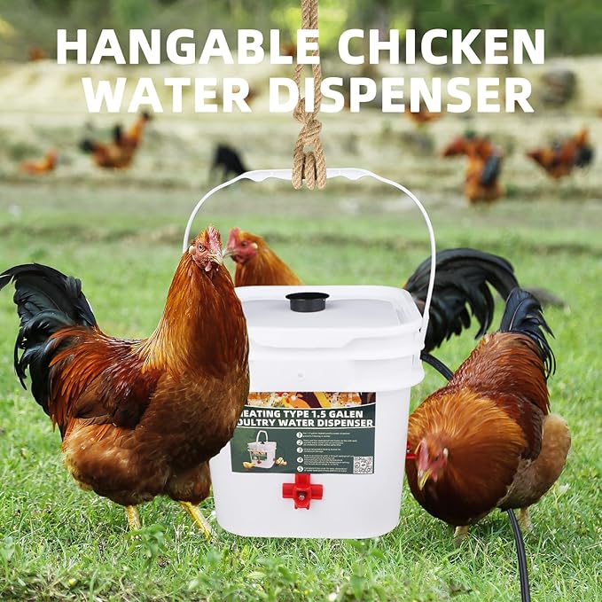 1.5 Gallon Heated Square Chicken Water Bucket, Hanging Chicken Winter Thawing Heater, Suitable for Chickens, Pigeons, Quails, and Other Large Animals 1Pcs.