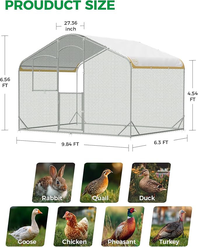 Large Metal Chicken Coop with Run, 6.3FT Walk-in Chicken Run for Yard with Waterproof & Anti-UV Cover, Spire Roof Outdoor Poultry Cage for Chickens Ducks Rabbits Backyard Farm